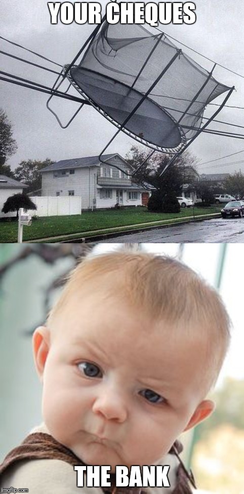 YOUR CHEQUES THE BANK | image tagged in memes,skeptical baby,trampoline | made w/ Imgflip meme maker