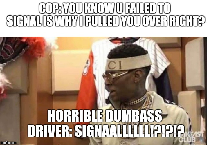 Soulja boy drake | COP: YOU KNOW U FAILED TO SIGNAL IS WHY I PULLED YOU OVER RIGHT? HORRIBLE DUMBASS DRIVER: SIGNAALLLLLL!?!?!? | image tagged in soulja boy drake | made w/ Imgflip meme maker