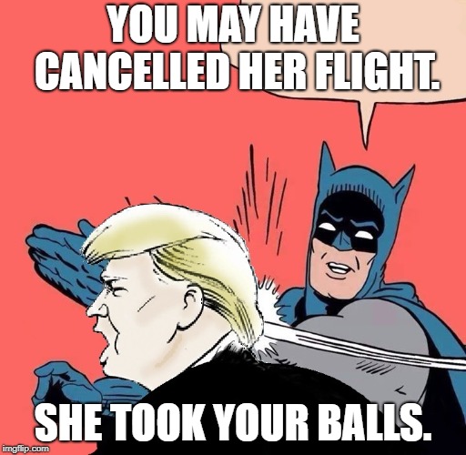 Batman slaps Trump | YOU MAY HAVE CANCELLED HER FLIGHT. SHE TOOK YOUR BALLS. | image tagged in batman slaps trump | made w/ Imgflip meme maker