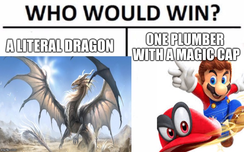 mario vs DRAGON | A LITERAL DRAGON; ONE PLUMBER WITH A MAGIC CAP | image tagged in mario,dragon,super mario odyssey,mario vs dragon | made w/ Imgflip meme maker