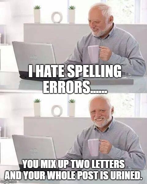 Hide the Pain Harold | I HATE SPELLING ERRORS...... YOU MIX UP TWO LETTERS AND YOUR WHOLE POST IS URINED. | image tagged in memes,hide the pain harold | made w/ Imgflip meme maker