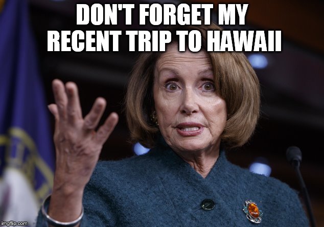 Good old Nancy Pelosi | DON'T FORGET MY RECENT TRIP TO HAWAII | image tagged in good old nancy pelosi | made w/ Imgflip meme maker