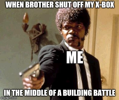 Say That Again I Dare You Meme | WHEN BROTHER SHUT OFF MY X-BOX; ME; IN THE MIDDLE OF A BUILDING BATTLE | image tagged in memes,say that again i dare you | made w/ Imgflip meme maker