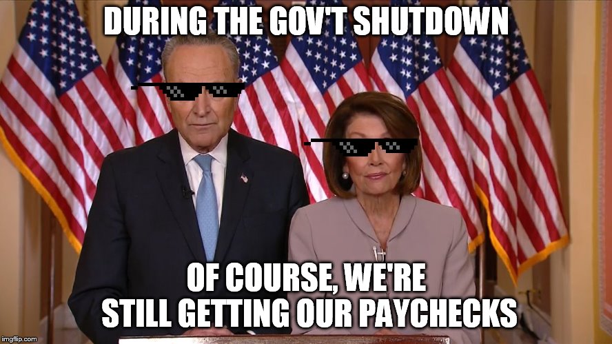 Chuck and Nancy | DURING THE GOV'T SHUTDOWN; OF COURSE, WE'RE STILL GETTING OUR PAYCHECKS | image tagged in chuck and nancy | made w/ Imgflip meme maker