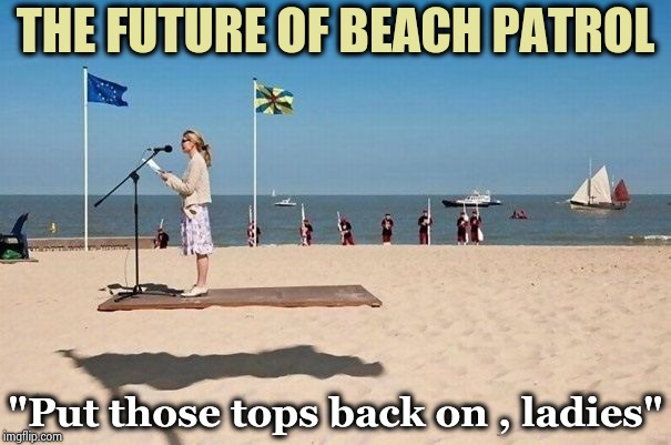 The many uses of flying carpets |  THE FUTURE OF BEACH PATROL; "Put those tops back on , ladies" | image tagged in day at the beach,topless,don't do it,watch dogs,gravityfalls | made w/ Imgflip meme maker
