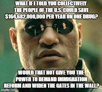 What if i told you | WHAT IF I TOLD YOU COLLECTIVELY THE PEOPLE OF THE U.S. COULD SAVE $164,682,000,000 PER YEAR ON ONE DRUG? WOULD THAT NOT GIVE YOU THE POWER TO DEMAND IMMIGRATION REFORM AND WIDEN THE GATES IN THE WALL? | image tagged in what if i told you | made w/ Imgflip meme maker