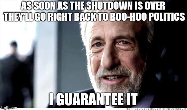 I Guarantee It Meme | AS SOON AS THE SHUTDOWN IS OVER THEY'LL GO RIGHT BACK TO BOO-HOO POLITICS; I GUARANTEE IT | image tagged in memes,i guarantee it | made w/ Imgflip meme maker