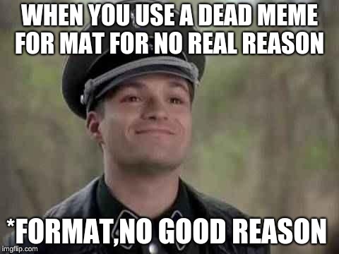 grammar nazi | WHEN YOU USE A DEAD MEME FOR MAT FOR NO REAL REASON; *FORMAT,NO GOOD REASON | image tagged in grammar nazi | made w/ Imgflip meme maker