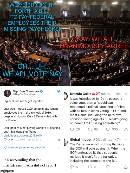 Dems prove they own the shutdown! | WE'VE BROUGHT FORTH A BILL TO PAY FEDERAL EMPLOYEES THEIR MISSING PAYCHECKS! OKAY, WE ALL UNANIMOUSLY AGREE; OH... UH... WE ALL VOTE NAY... | image tagged in congress,political,liberal hypocrisy,dnc fails,government shutdown | made w/ Imgflip meme maker