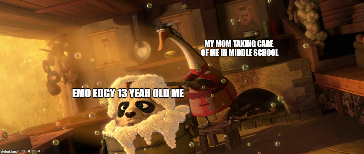 Edgy 13 year old me | MY MOM TAKING CARE OF ME IN MIDDLE SCHOOL; EMO EDGY 13 YEAR OLD ME | image tagged in memes,kung fu panda | made w/ Imgflip meme maker