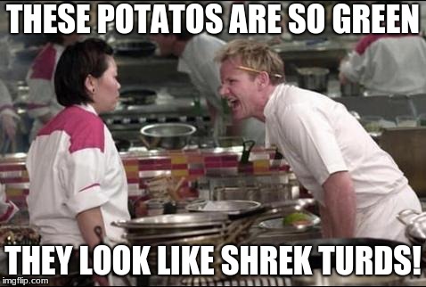 Angry Chef Gordon Ramsay Meme | THESE POTATOS ARE SO GREEN; THEY LOOK LIKE SHREK TURDS! | image tagged in memes,angry chef gordon ramsay | made w/ Imgflip meme maker