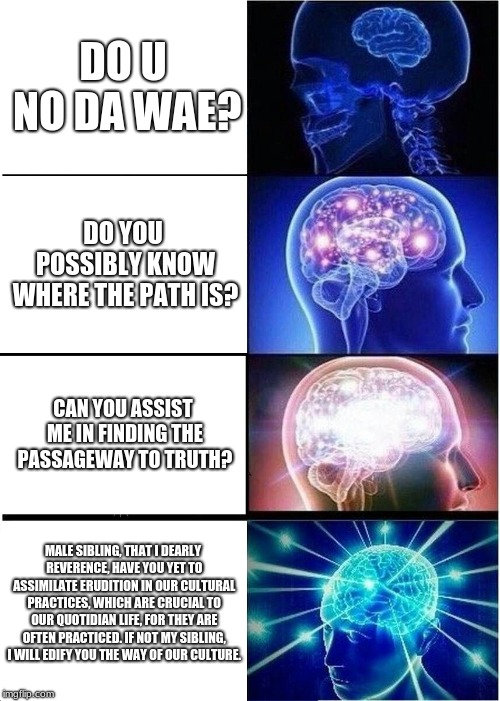 Expanding Brain Meme | DO U NO DA WAE? DO YOU POSSIBLY KNOW WHERE THE PATH IS? CAN YOU ASSIST ME IN FINDING THE PASSAGEWAY TO TRUTH? MALE SIBLING, THAT I DEARLY REVERENCE, HAVE YOU YET TO ASSIMILATE ERUDITION IN OUR CULTURAL PRACTICES, WHICH ARE CRUCIAL TO OUR QUOTIDIAN LIFE, FOR THEY ARE OFTEN PRACTICED. IF NOT MY SIBLING, I WILL EDIFY YOU THE WAY OF OUR CULTURE. | image tagged in memes,expanding brain | made w/ Imgflip meme maker