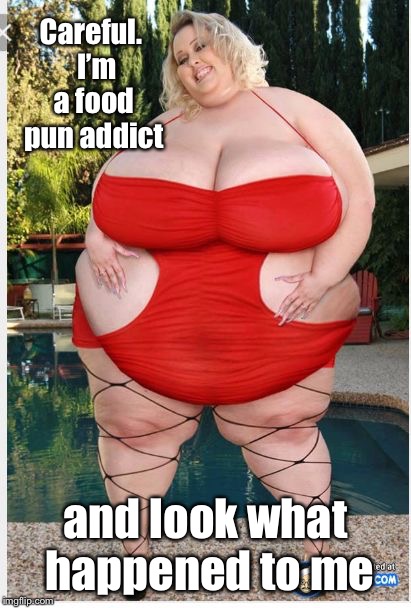 fat woman | Careful.  I’m a food pun addict and look what happened to me | image tagged in fat woman | made w/ Imgflip meme maker