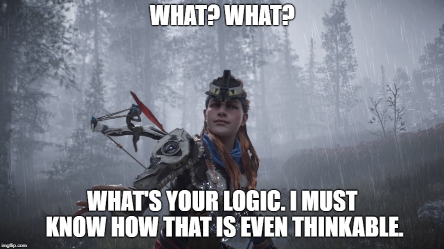 Aloy is confused | WHAT? WHAT? WHAT'S YOUR LOGIC. I MUST KNOW HOW THAT IS EVEN THINKABLE. | image tagged in aloy whatever | made w/ Imgflip meme maker