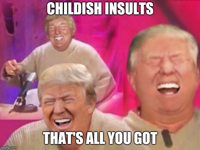 Laughing Trump | CHILDISH INSULTS THAT'S ALL YOU GOT | image tagged in laughing trump | made w/ Imgflip meme maker