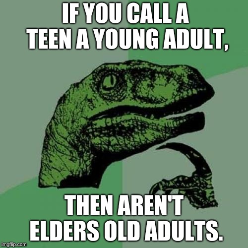 Philosoraptor | IF YOU CALL A TEEN A YOUNG ADULT, THEN AREN'T ELDERS OLD ADULTS. | image tagged in memes,philosoraptor | made w/ Imgflip meme maker