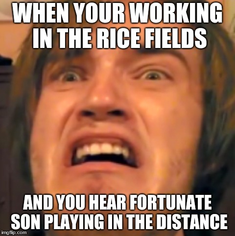 Rice | WHEN YOUR WORKING IN THE RICE FIELDS; AND YOU HEAR FORTUNATE SON PLAYING IN THE DISTANCE | image tagged in pewdiepie | made w/ Imgflip meme maker