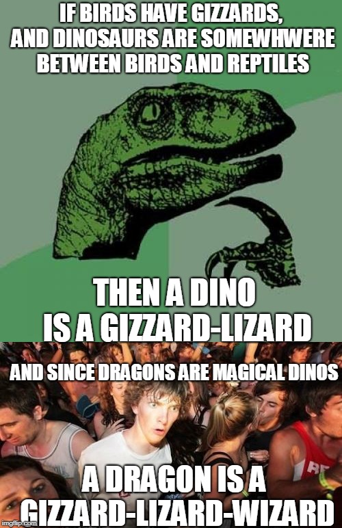 And If It Can Summon A Snowstorm, It's A Blizard-Gizzard-Lizard-Wizard | IF BIRDS HAVE GIZZARDS, AND DINOSAURS ARE SOMEWHWERE BETWEEN BIRDS AND REPTILES; THEN A DINO IS A GIZZARD-LIZARD; AND SINCE DRAGONS ARE MAGICAL DINOS; A DRAGON IS A GIZZARD-LIZARD-WIZARD | image tagged in memes,philosoraptor,sudden clarity clarence,rhymes | made w/ Imgflip meme maker