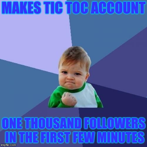 Success Kid Meme | MAKES TIC TOC ACCOUNT; ONE THOUSAND FOLLOWERS IN THE FIRST FEW MINUTES | image tagged in memes,success kid | made w/ Imgflip meme maker