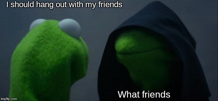 Evil Kermit | I should hang out with my friends; What friends | image tagged in memes,evil kermit | made w/ Imgflip meme maker