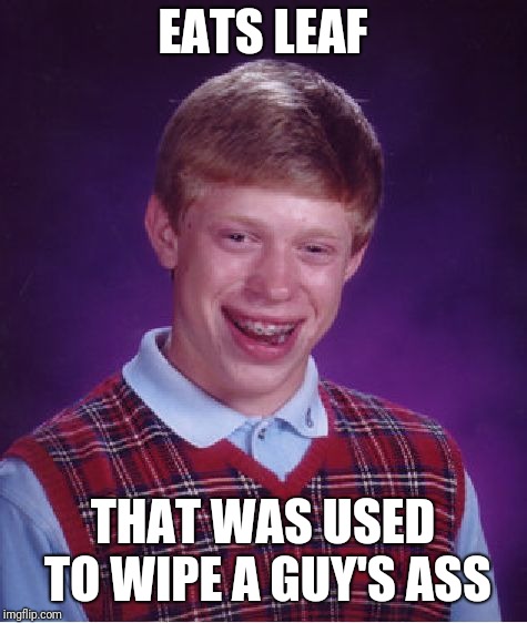 EATS LEAF THAT WAS USED TO WIPE A GUY'S ASS | image tagged in memes,bad luck brian | made w/ Imgflip meme maker