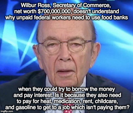 Wilbur Ross | Wilbur Ross, Secretary of Commerce, net worth $700,000,000, doesn't understand why unpaid federal workers need to use food banks; when they could try to borrow the money and pay interest. Is it because they also need to pay for heat, medication, rent, childcare, and gasoline to get to a job which isn't paying them? | image tagged in wilbur ross | made w/ Imgflip meme maker