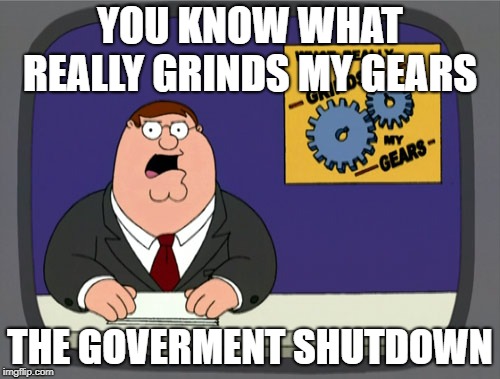 Peter Griffin News Meme | YOU KNOW WHAT REALLY GRINDS MY GEARS; THE GOVERMENT SHUTDOWN | image tagged in memes,peter griffin news | made w/ Imgflip meme maker