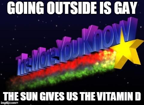 the more you know | GOING OUTSIDE IS GAY; THE SUN GIVES US THE VITAMIN D | image tagged in the more you know | made w/ Imgflip meme maker