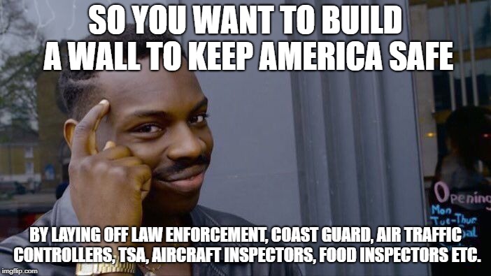 Roll Safe Think About It | SO YOU WANT TO BUILD A WALL TO KEEP AMERICA SAFE; BY LAYING OFF LAW ENFORCEMENT, COAST GUARD, AIR TRAFFIC CONTROLLERS, TSA, AIRCRAFT INSPECTORS, FOOD INSPECTORS ETC. | image tagged in memes,roll safe think about it | made w/ Imgflip meme maker