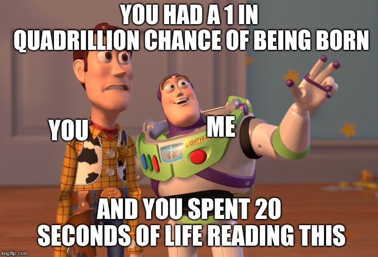 you/me | YOU HAD A 1 IN QUADRILLION CHANCE OF BEING BORN; ME; YOU; AND YOU SPENT 20 SECONDS OF LIFE READING THIS | image tagged in toy story | made w/ Imgflip meme maker