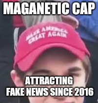 Maga cap | MAGANETIC CAP; ATTRACTING FAKE NEWS SINCE 2016 | image tagged in maga,lincoln memorial,cnn fake news,covington high school,racism | made w/ Imgflip meme maker