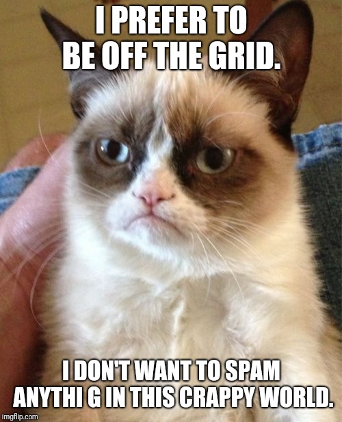 I PREFER TO BE OFF THE GRID. I DON'T WANT TO SPAM ANYTHI G IN THIS CRAPPY WORLD. | image tagged in memes,grumpy cat | made w/ Imgflip meme maker