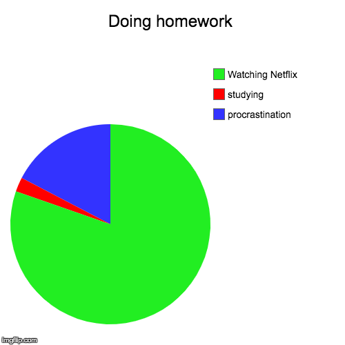 Doing homework | procrastination , studying, Watching Netflix | image tagged in funny,pie charts | made w/ Imgflip chart maker