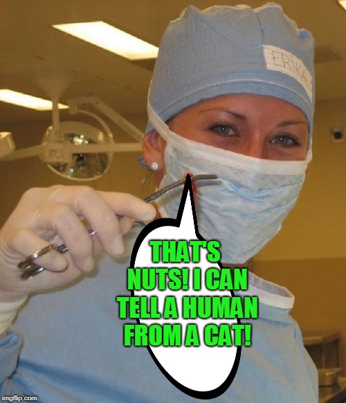 Nurse neutering | THAT'S NUTS! I CAN TELL A HUMAN FROM A CAT! | image tagged in nurse neutering | made w/ Imgflip meme maker