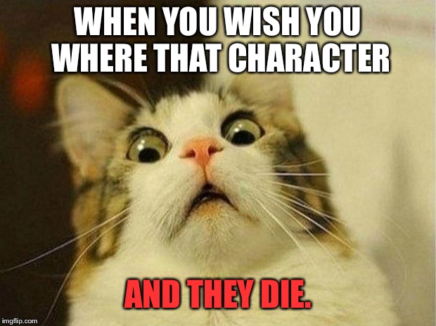 WHEN YOU WISH YOU WHERE THAT CHARACTER AND THEY DIE. | image tagged in memes,scared cat | made w/ Imgflip meme maker