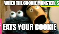 when the cookie monster eats your cookie | WHEN THE COOKIE MONSTER; EATS YOUR COOKIE | image tagged in cookie monster | made w/ Imgflip meme maker