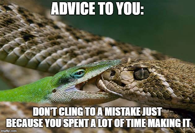 I Have Made A Terrible Mistake | ADVICE TO YOU:; DON'T CLING TO A MISTAKE JUST BECAUSE YOU SPENT A LOT OF TIME MAKING IT | image tagged in i have made a terrible mistake | made w/ Imgflip meme maker