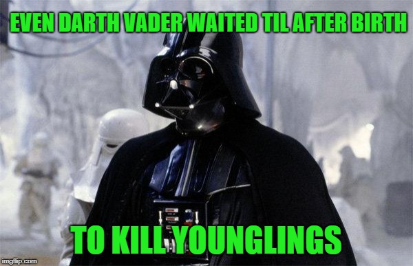 Darth Vader | EVEN DARTH VADER WAITED TIL AFTER BIRTH TO KILL YOUNGLINGS | image tagged in darth vader | made w/ Imgflip meme maker