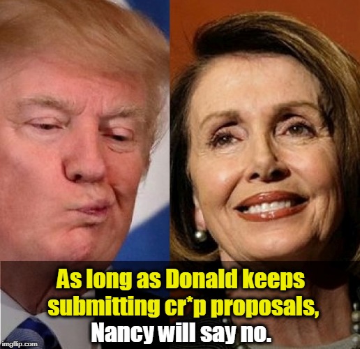 As long as Donald keeps submitting cr*p proposals, Nancy will say no. | image tagged in trump,pelosi,proposal,no | made w/ Imgflip meme maker