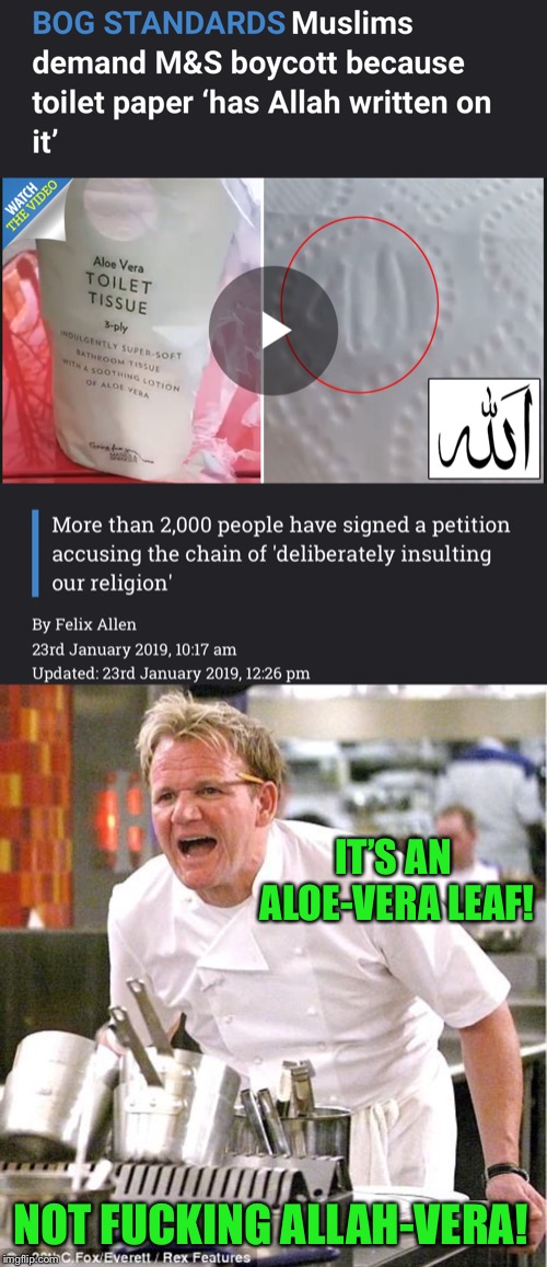 Talk about talking shit | IT’S AN ALOE-VERA LEAF! NOT FUCKING ALLAH-VERA! | image tagged in memes,chef gordon ramsay,toilet paper,seriously,talking shit,snowflakes | made w/ Imgflip meme maker