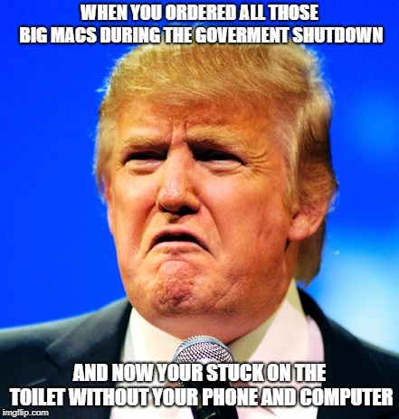 Sad trump | WHEN YOU ORDERED ALL THOSE BIG MACS DURING THE GOVERMENT SHUTDOWN; AND NOW YOUR STUCK ON THE TOILET WITHOUT YOUR PHONE AND COMPUTER | image tagged in sad trump | made w/ Imgflip meme maker