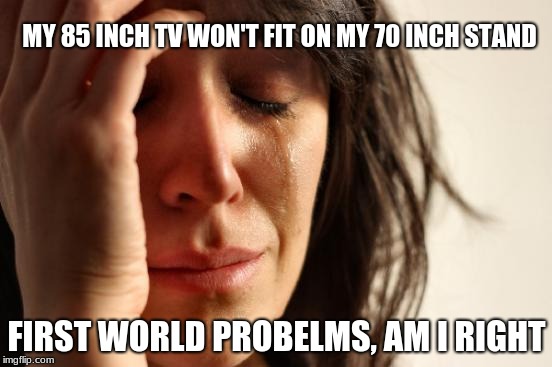 First World Problems Meme | MY 85 INCH TV WON'T FIT ON MY 70 INCH STAND; FIRST WORLD PROBELMS, AM I RIGHT | image tagged in memes,first world problems | made w/ Imgflip meme maker