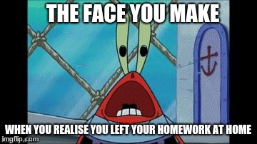 mr krabs left homework at home meme | THE FACE YOU MAKE; WHEN YOU REALISE YOU LEFT YOUR HOMEWORK AT HOME | image tagged in mr krabs scream | made w/ Imgflip meme maker