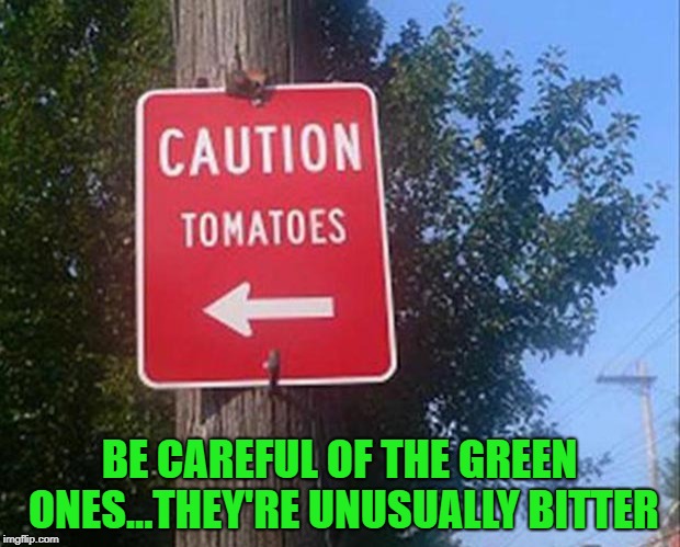 Attack of the Killer Tomatoes!!! | BE CAREFUL OF THE GREEN ONES...THEY'RE UNUSUALLY BITTER | image tagged in caution tomatoes sign,memes,funny signs,funny,tomatoes,veggies | made w/ Imgflip meme maker