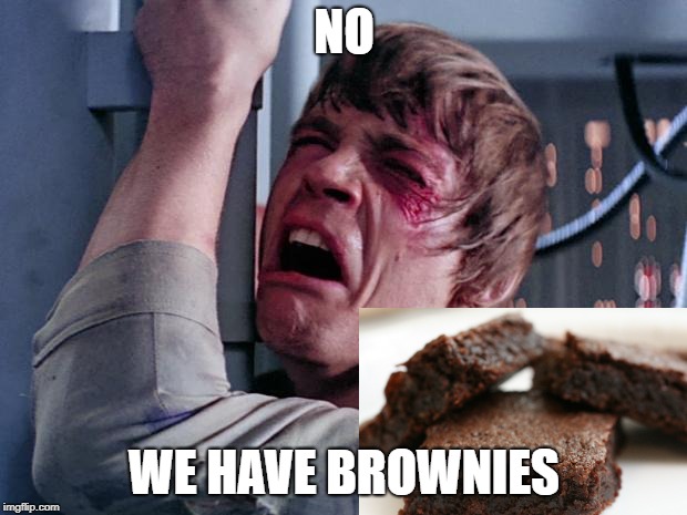 luke nooooo | NO WE HAVE BROWNIES | image tagged in luke nooooo | made w/ Imgflip meme maker