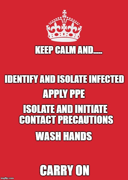 Keep Calm And Carry On Red Meme | KEEP CALM AND..... IDENTIFY AND ISOLATE INFECTED; APPLY PPE; ISOLATE AND INITIATE CONTACT PRECAUTIONS; WASH HANDS; CARRY ON | image tagged in memes,keep calm and carry on red | made w/ Imgflip meme maker