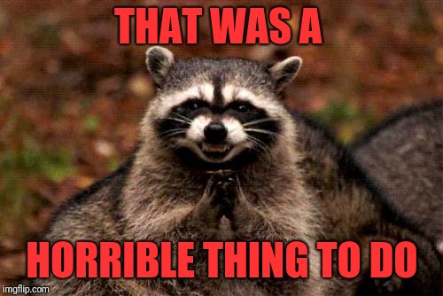 Evil Plotting Raccoon Meme | THAT WAS A HORRIBLE THING TO DO | image tagged in memes,evil plotting raccoon | made w/ Imgflip meme maker