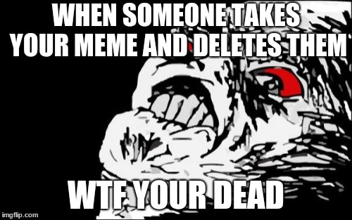Mega Rage Face | WHEN SOMEONE TAKES YOUR MEME AND DELETES THEM; WTF YOUR DEAD | image tagged in memes,mega rage face | made w/ Imgflip meme maker