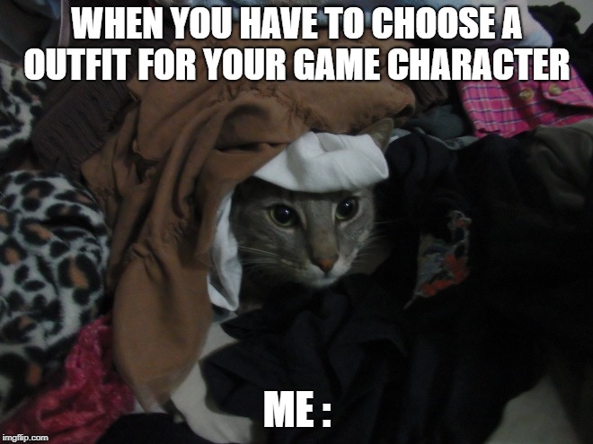 WHEN YOU HAVE TO CHOOSE A OUTFIT FOR YOUR GAME CHARACTER; ME : | made w/ Imgflip meme maker