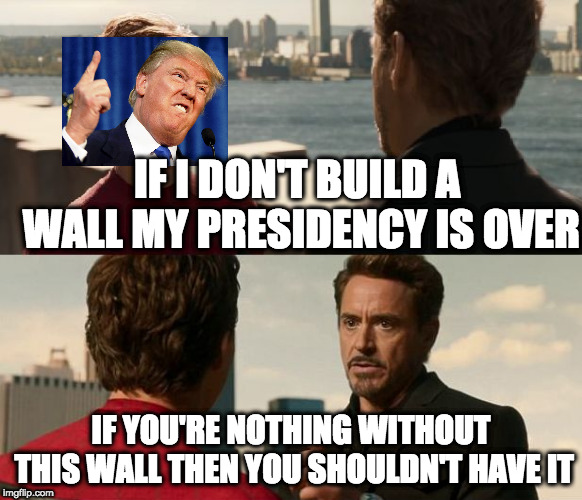 if you are nothing without the suit | IF I DON'T BUILD A WALL MY PRESIDENCY IS OVER; IF YOU'RE NOTHING WITHOUT THIS WALL THEN YOU SHOULDN'T HAVE IT | image tagged in if you are nothing without the suit,PoliticalHumor | made w/ Imgflip meme maker